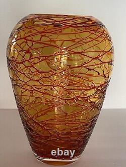 Vtg Hand blown Amber Orange Red Threaded Murano Glass Vase By Fulvio Bianconi