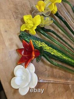 Vtg Lot 12 Hand Blown Art Glass Flowers 19 Long Stem Flower Bouquet Murano