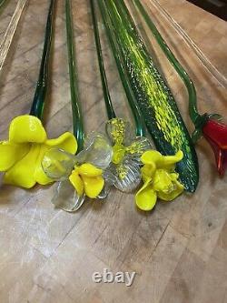 Vtg Lot 12 Hand Blown Art Glass Flowers 19 Long Stem Flower Bouquet Murano