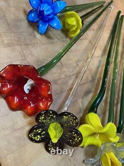 Vtg Lot 12 Hand Blown Art Glass Flowers 19 Long Stem Flower Bouquet Murano