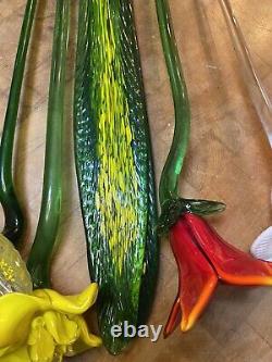 Vtg Lot 12 Hand Blown Art Glass Flowers 19 Long Stem Flower Bouquet Murano