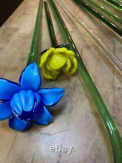 Vtg Lot 12 Hand Blown Art Glass Flowers 19 Long Stem Flower Bouquet Murano