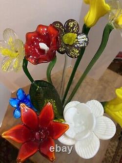 Vtg Lot 12 Hand Blown Art Glass Flowers 19 Long Stem Flower Bouquet Murano