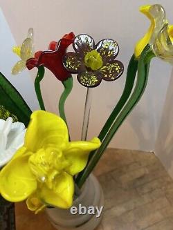 Vtg Lot 12 Hand Blown Art Glass Flowers 19 Long Stem Flower Bouquet Murano