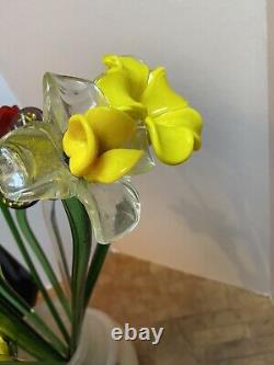 Vtg Lot 12 Hand Blown Art Glass Flowers 19 Long Stem Flower Bouquet Murano