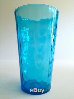 Vtg MID Century Modern Aqua Hand Blown Murano Art Glass Lrg Cylinder Ripple Vase