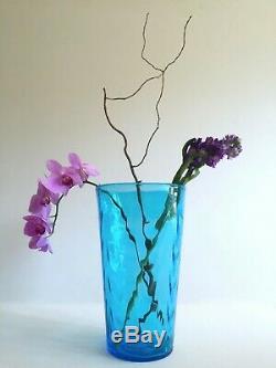 Vtg MID Century Modern Aqua Hand Blown Murano Art Glass Lrg Cylinder Ripple Vase