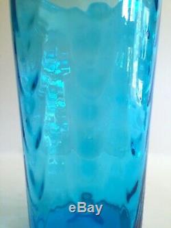 Vtg MID Century Modern Aqua Hand Blown Murano Art Glass Lrg Cylinder Ripple Vase