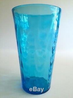 Vtg MID Century Modern Aqua Hand Blown Murano Art Glass Lrg Cylinder Ripple Vase