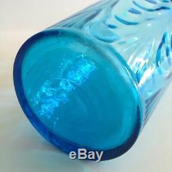 Vtg MID Century Modern Aqua Hand Blown Murano Art Glass Lrg Cylinder Ripple Vase