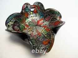 Vtg MURANO Art Glass BOWL ASH TRAYBlack Cased FoldedSilver FoilTutti Frutt