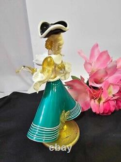 Vtg MURANO HAND BLOWN VENETIAN ART GLASS DANCER w green black hat Gold flecks-A4