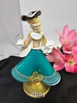 Vtg MURANO HAND BLOWN VENETIAN ART GLASS DANCER w green black hat Gold flecks-A4