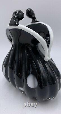 Vtg MURANO Italy HAND BLOWN COIN PURSE BLACK GLASS WHITE SPOTS ART SCULPTURE