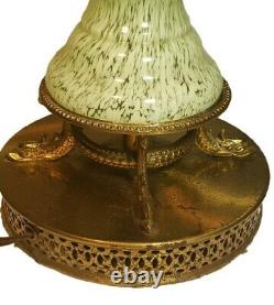 Vtg Mottled Green / White MURANO GLASS Table Lamp Cast Brass Base dolphin 17