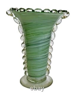 Vtg Murano Art Glass Vase Rigaree Beaded Rim Italian Hand Blown Green Swirl MCM