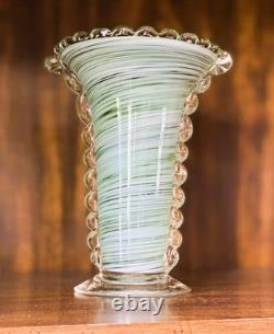Vtg Murano Art Glass Vase Rigaree Beaded Rim Italian Hand Blown Green Swirl MCM