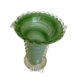 Vtg Murano Art Glass Vase Rigaree Beaded Rim Italian Hand Blown Green Swirl MCM