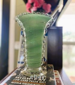 Vtg Murano Art Glass Vase Rigaree Beaded Rim Italian Hand Blown Green Swirl MCM