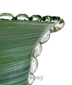 Vtg Murano Art Glass Vase Rigaree Beaded Rim Italian Hand Blown Green Swirl MCM