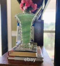 Vtg Murano Art Glass Vase Rigaree Beaded Rim Italian Hand Blown Green Swirl MCM