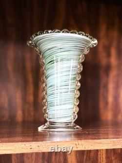 Vtg Murano Art Glass Vase Rigaree Beaded Rim Italian Hand Blown Green Swirl MCM