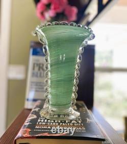 Vtg Murano Art Glass Vase Rigaree Beaded Rim Italian Hand Blown Green Swirl MCM