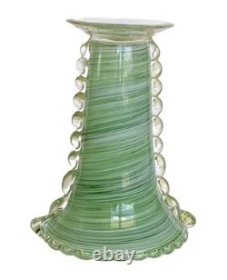 Vtg Murano Art Glass Vase Rigaree Beaded Rim Italian Hand Blown Green Swirl MCM