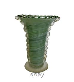 Vtg Murano Art Glass Vase Rigaree Beaded Rim Italian Hand Blown Green Swirl MCM