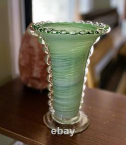 Vtg Murano Art Glass Vase Rigaree Beaded Rim Italian Hand Blown Green Swirl MCM