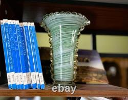 Vtg Murano Art Glass Vase Rigaree Beaded Rim Italian Hand Blown Green Swirl MCM