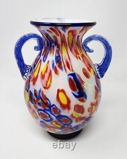 Vtg Murano Hand Blown Art Glass Millefiori Vase Double Applied Handles 10 Tall