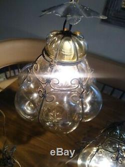 Vtg Murano Hand Blown Caged Glass Venetian Lantern Hanging Ceiling Light Lamp 2