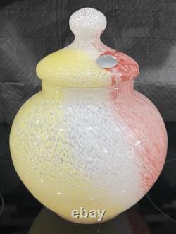 Vtg Murano Hand Blown Glass Apothecary Jar Pink Yellow White Swirl Italy Lid