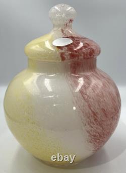 Vtg Murano Hand Blown Glass Apothecary Jar Pink Yellow White Swirl Italy Lid