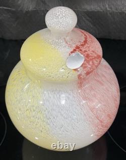 Vtg Murano Hand Blown Glass Apothecary Jar Pink Yellow White Swirl Italy Lid