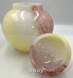Vtg Murano Hand Blown Glass Apothecary Jar Pink Yellow White Swirl Italy Lid
