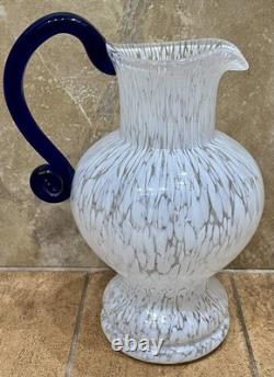 Vtg Murano MCM Silvestri Cristall Hand-Blown Spatter Glass Pitcher Cobalt Handle