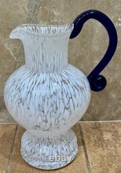 Vtg Murano MCM Silvestri Cristall Hand-Blown Spatter Glass Pitcher Cobalt Handle