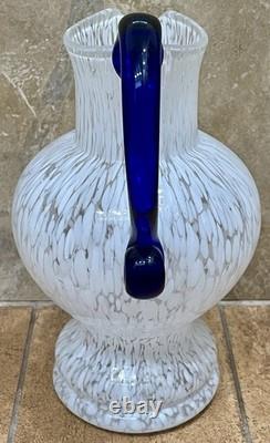 Vtg Murano MCM Silvestri Cristall Hand-Blown Spatter Glass Pitcher Cobalt Handle