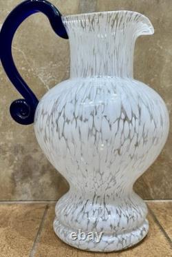 Vtg Murano MCM Silvestri Cristall Hand-Blown Spatter Glass Pitcher Cobalt Handle