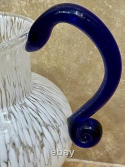 Vtg Murano MCM Silvestri Cristall Hand-Blown Spatter Glass Pitcher Cobalt Handle