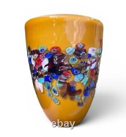Vtg Murano Style Amber Millefiori Art Glass Vase Aventurine Hand Blown Heavy