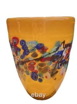Vtg Murano Style Amber Millefiori Art Glass Vase Aventurine Hand Blown Heavy