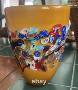 Vtg Murano Style Amber Millefiori Art Glass Vase Aventurine Hand Blown Heavy