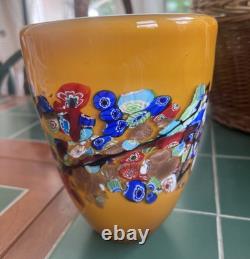 Vtg Murano Style Amber Millefiori Art Glass Vase Aventurine Hand Blown Heavy