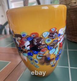 Vtg Murano Style Amber Millefiori Art Glass Vase Aventurine Hand Blown Heavy
