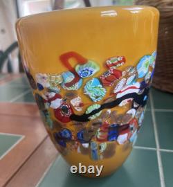 Vtg Murano Style Amber Millefiori Art Glass Vase Aventurine Hand Blown Heavy