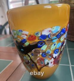 Vtg Murano Style Amber Millefiori Art Glass Vase Aventurine Hand Blown Heavy