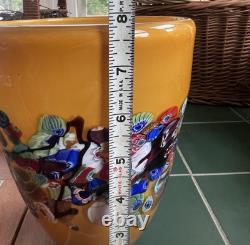 Vtg Murano Style Amber Millefiori Art Glass Vase Aventurine Hand Blown Heavy